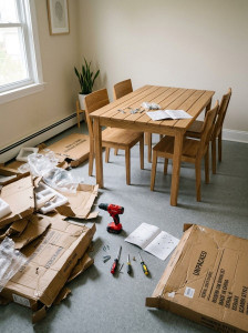 Photo de galerie - Montage d'une table et de chaises en bois.
