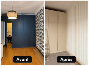Photo de galerie - Rénovation complète de la chambre : préparation et peinture des murs et du dressing en bois, pose d’un papier peint décoratif et finitions