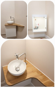 Photo de galerie - Installation d’un lave-mains : raccordements eau et évacuation, pose du plan et  meubles.
 finition propre, prêt à l’usage.
