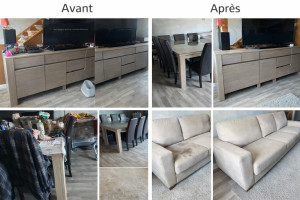Photo de galerie - Avant / Après – Nettoyage complet d’une pièce de vie Désencombrement, dépoussiérage, aspiration et lavage des sols. Résultat net, soigné et professionnel.