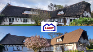 Photo de galerie - Rénovation Complète d'une chaumière de 400m2 modifications de couverture pour passer à de la tuile mécanique :
couverture , isolation , gouttière  , boiserie remis à neuf .