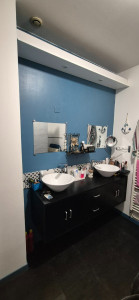 Photo de galerie - Installation meuble de salle de bain avec vasques, robinetterie et évacuations. Peintures et éclairage réalisée par mes soins aussi. 