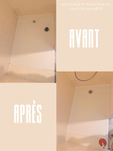 Photo de galerie - Nettoyage complet de la cabine de douche et réfection des joints sanitaires pour une finition propre et soignée.