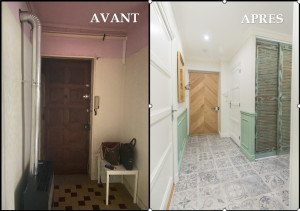 Photo de galerie - Rénovation d'un couloir et création portes de placards style persienne avec anciens volets sur mesure. Carrelage, détapissage, pose de corniches au plafond, création cimaises murs, peinture et rénovation porte avec parquet en pointe de hongrie.