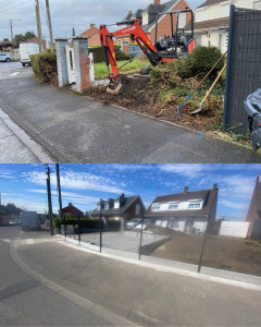 Photo de galerie - Avant/ Après chantier Remise à neuf complète de cette entrée extérieure ?  ✔️ Dépose de l’ancienne haie et nettoyage du terrain ✔️ Terrassement et préparation du sol ✔️ Pose d’une clôture moderne avec soubassement béton ✔️ Création d’un espace propre