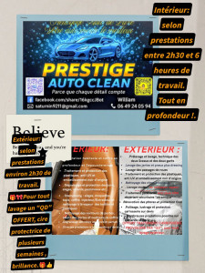 Photo de galerie - Intérieur :
Dégraissage et traitement habitacle 
Shampoinage COMPLET.
Aspiration  COMPLÈTE EN PROFONDEUR.
RETROUVEZ VOTRE VÉHICULE COMME AU PREMIER JOUR VOIR MIEUX.
Selon  prestations compter entre 2h30 et 5h00.
Entre 30 et 100€.

