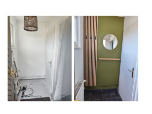 Photo de galerie - Décoration intérieure Entrée. 
Ponçage et lissage enduit.
Sous couche et finition peinture couleur personnalisée
Pose d'éléments decoratifs