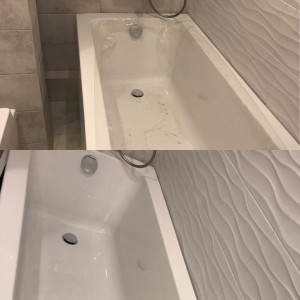 Photo de galerie - Nettoyage en profondeur de la baignoire avec un produit professionnel, éliminant les traces et laissant une surface propre, brillante et désinfectée