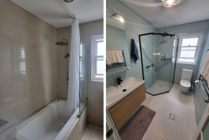 Photo de galerie - Salle de bain avant / après – rénovation complète, douche à l’italienne, carrelage et mobilier moderne.