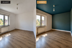 Photo de galerie - Rénovation Avant / Après : préparation des supports et mise en peinture d'un plafond et d'un mur d'accent en teinte bleu-vert profond pour donner du caractère et de la profondeur à la pièce. Finitions et démarcations impeccables.

