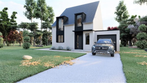 Photo de galerie - Home 150 m² : Un design épuré et confort moderne, avec une façade élégante en contraste noir et blanc. Au RDC 1 séjour lumineux avec cuisine ouverte, une suite parentale, des WC et 1 cellier, étage abrite trois chambres, une salle de bain familiale et un 