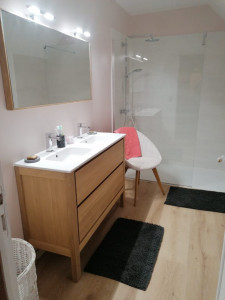 Photo de galerie - Destruction de toute la salle de bain modification du sol OSB 
placo fermacell et  isolation refait neuf 
pose de faïence et parquet flottant au sol 
peinture et toutes les finitions 