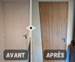 Photo de galerie - Pose adhésif effet bois sur porte blanche