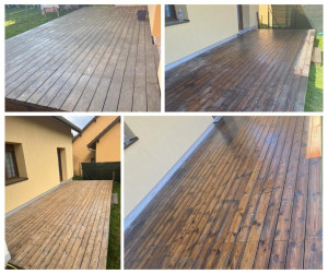 Photo de galerie - Nettoyage d’une terrasse bois en teck de 20m2. 1-terrasse avant décapage, 2-décapage, 3-dégriseur, 4-saturateur
