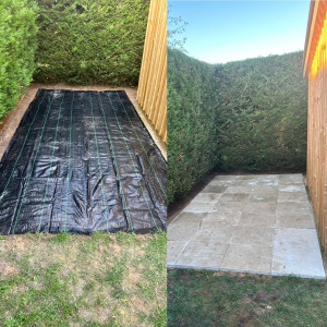 Photo de galerie - Décapage avec mise en place d’une bâche anti herbe et pose de dalle béton sur un lit de sable. 