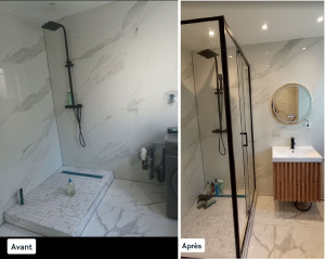 Photo de galerie - Montage d'une paroi de douche. Montage et pose d'un meuble suspendu. Réajustement évacuation d'eau (PVC) et plomberie 
