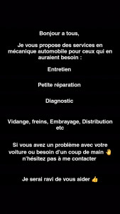 Photo de galerie - Avec 25 ans d’expérience en mécanique automobile, je vous propose mes services pour l’entretien et la réparation de votre véhicule. Travail sérieux, diagnostic fiable et interventions soignées.
N’hésitez pas à me contacter pour prendre rendez-vous !