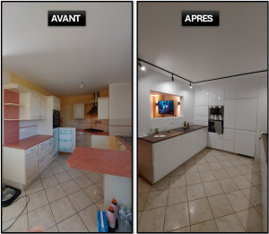 Photo de galerie - Mur du fond cassé puis reconstruction d'un nouveau avec placard côté entrée. passage Electrique dans la nouvelle cloison + Montage de la cuisine (reçu en kit)  et pose de celle-ci 