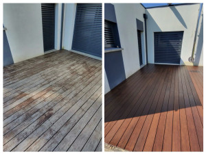 Photo de galerie - Nettoyage et rénovation d’une terrasse en bois exotique 