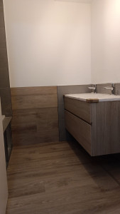 Photo de galerie - Salle de bain : pose de carrelage côté baignoire et lavabo double vasque
