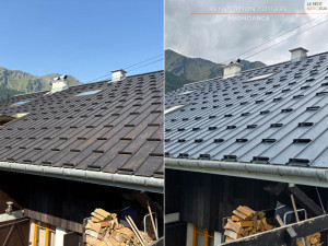 Photo de galerie - Rénovation de toiture à Abondance (Haute-Savoie) avec application de résine de protection anti-rouille, traitement des supports et remise en état pour assurer durabilité, étanchéité et protection contre les intempéries.