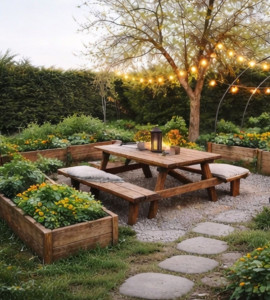Photo de galerie - Installation de jardinières fleuries ainsi que de pas chinois pour accéder à l'espace détente. 