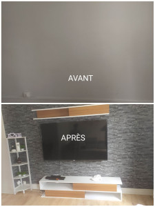 Photo de galerie - Pose papier peint et fixation TV et meuble 